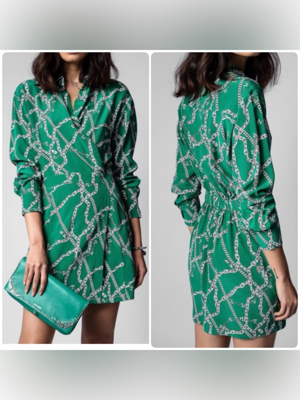 Zadig & Voltaire Ravy Chain Print 100% Silk Long Sleeves Mini Dress Size XS